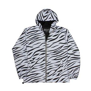 Zebra Print Reflective Hood Zip Front Nylon Windbreaker Rain Jacket sz S